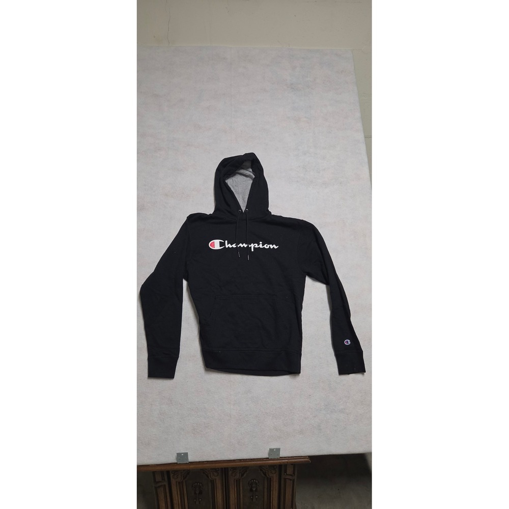 Champion Hoodie Size Medium Black Script Logo Pullover Long Sleeve Sweatshirt